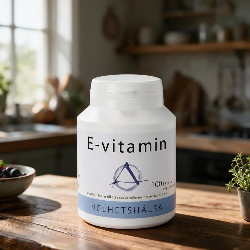 Valkoinen Helhetshälsa E-vitamin -purkki vaaleansinisellä raidalla puisella keittiön pöydällä