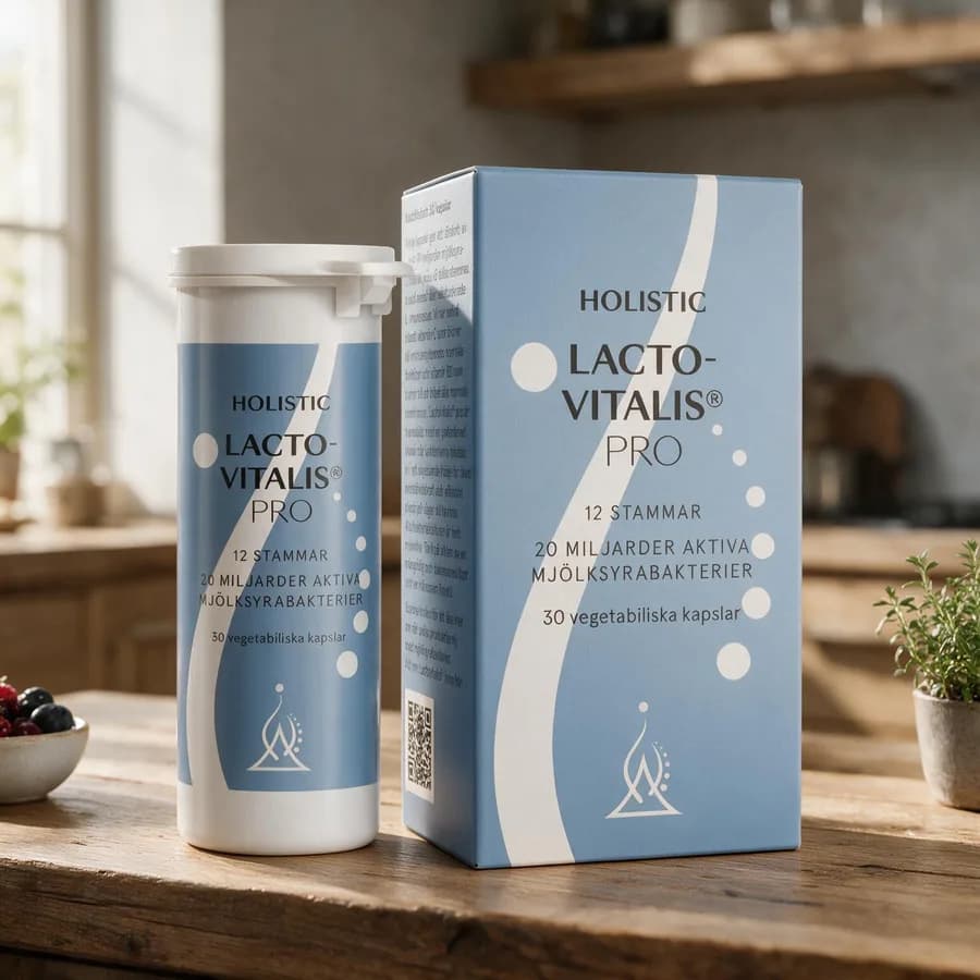 Vaaleansininen Holistic Lactovitalis Pro -rasia ja purkki puisella keittiön pöydällä