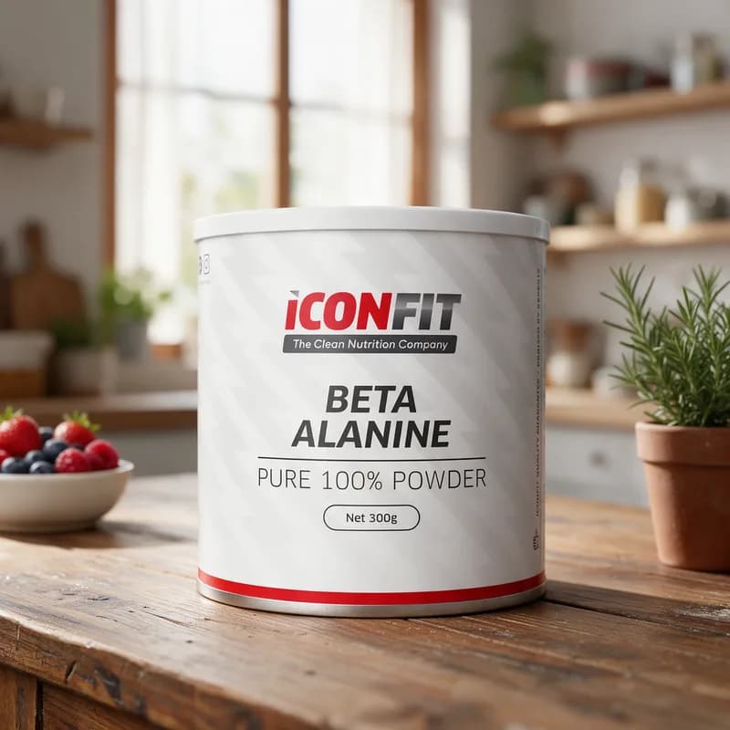 Valkoinen ICONFIT Beta Alanine -purkki punaisella raidalla puisella keittiön pöydällä
