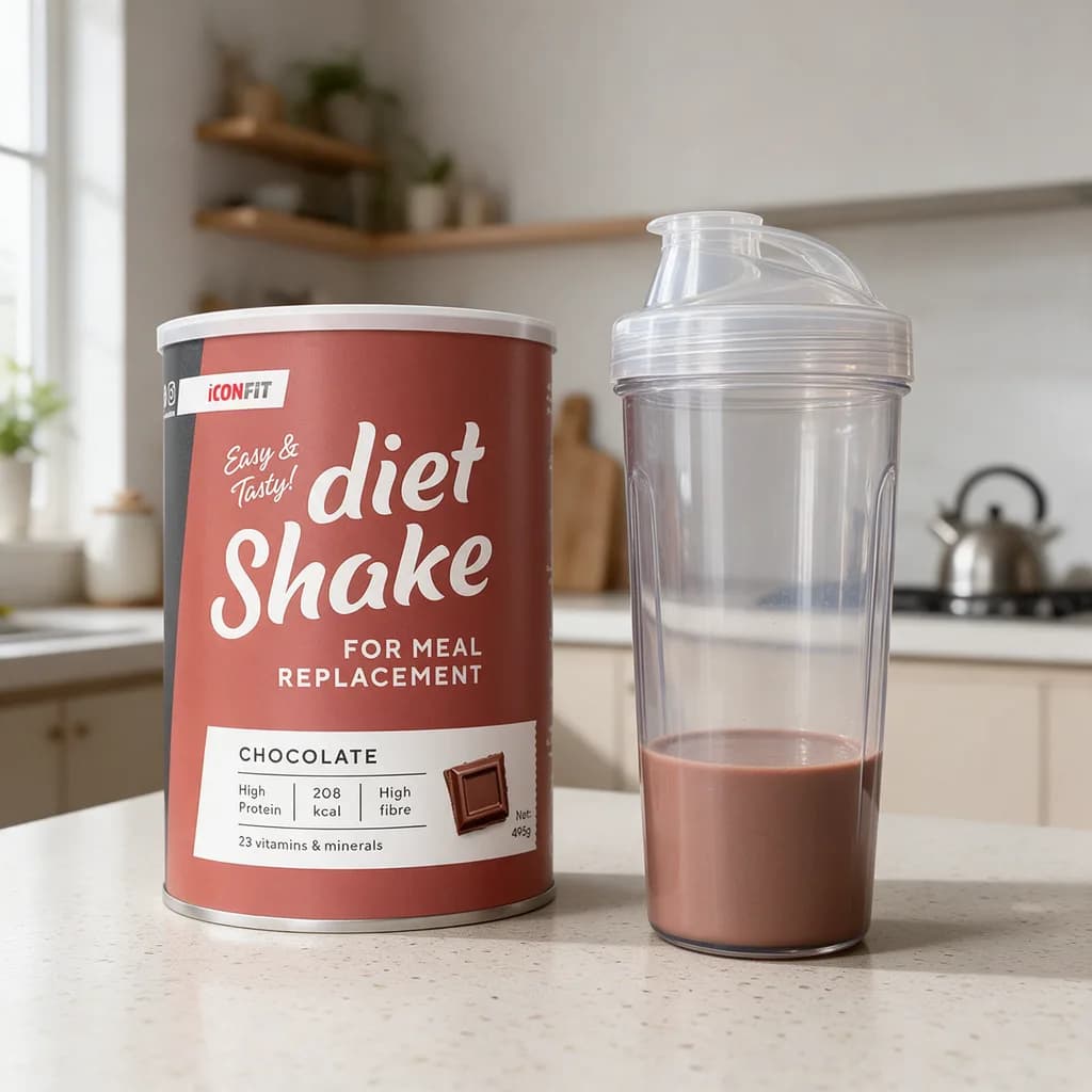 ICONFIT Diet Shake Chocolate -purkki ja shaker keittiön työtasolla