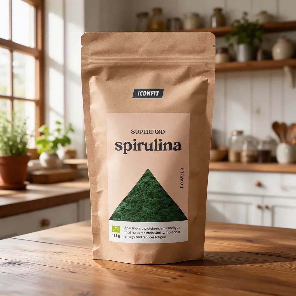 Ruskea ICONFIT Superfood Spirulina -paperipussi puisella keittiön pöydällä