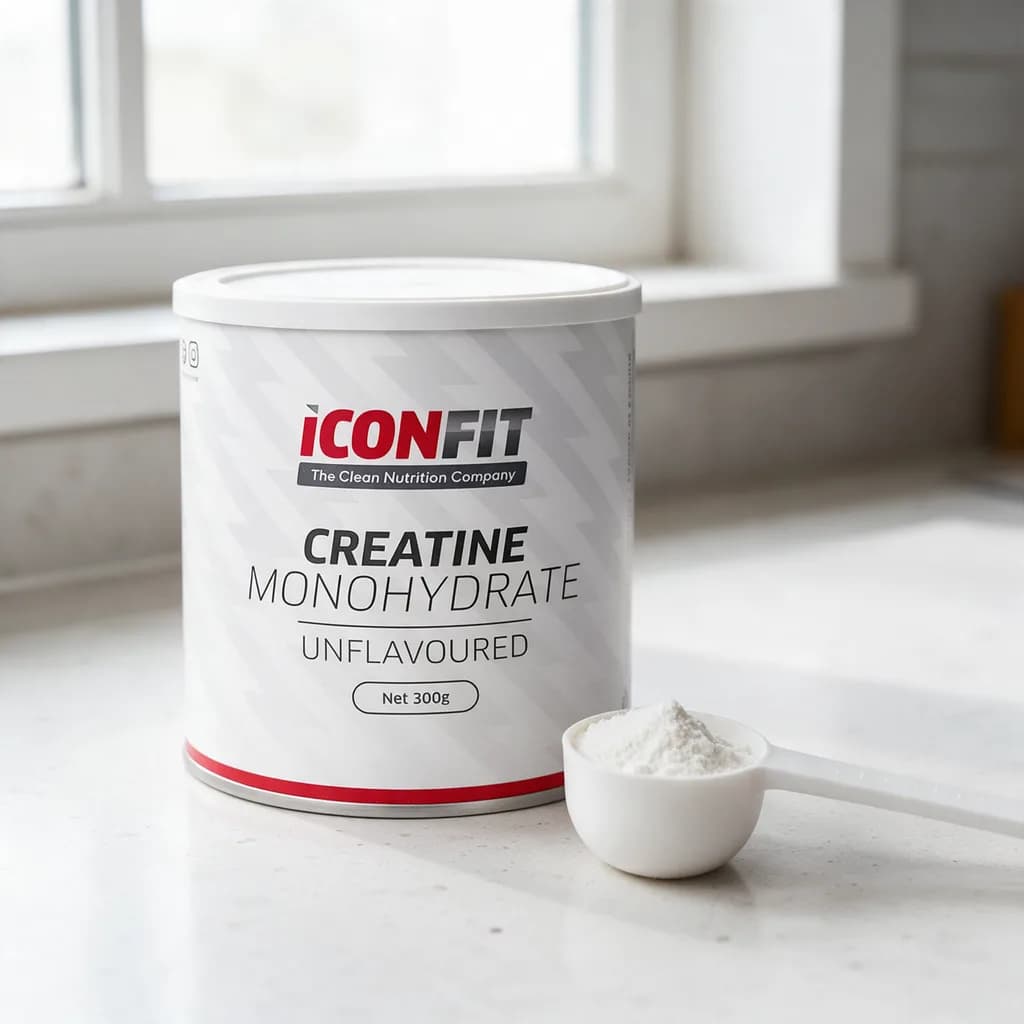 Valkoinen ICONFIT Creatine Monohydrate Unflavoured -purkki puisella keittiön pöydällä mittalusikan vieressä