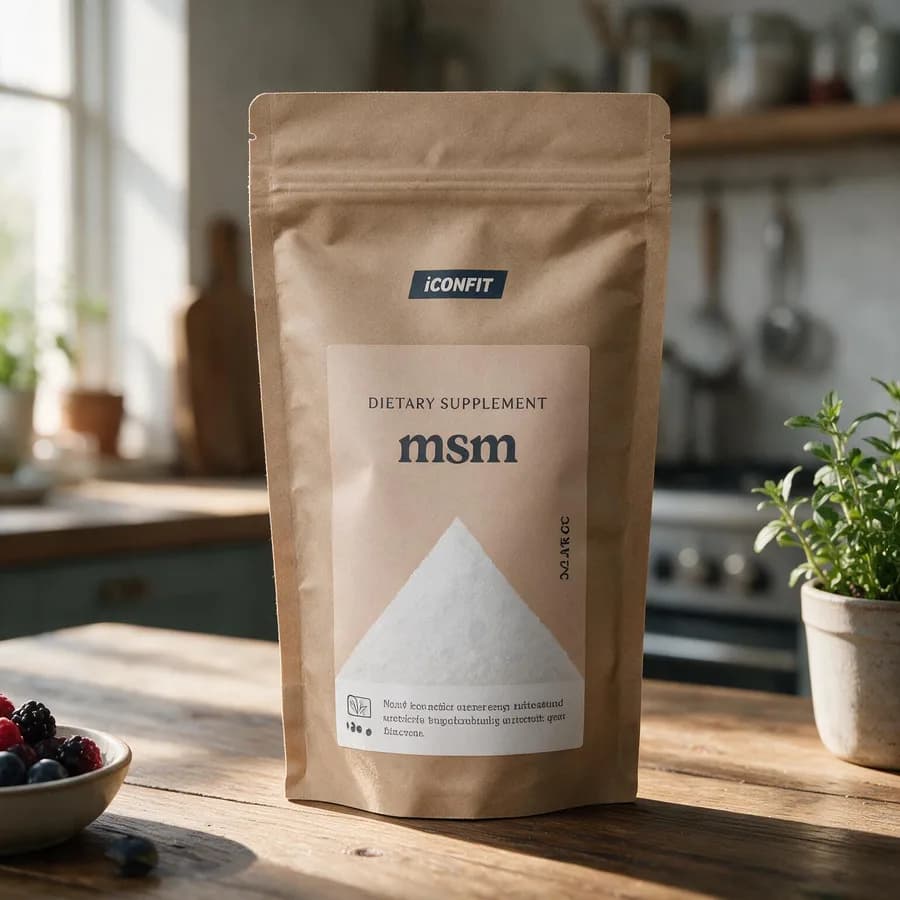 Ruskea IconFit MSM Powder -paperipussi puisella keittiön pöydällä