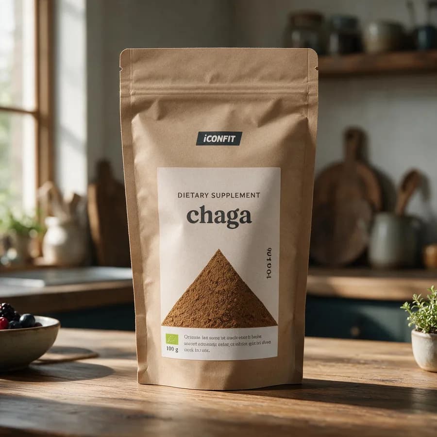 Ruskea ICONFIT chaga -paperipussi puisella keittiön pöydällä