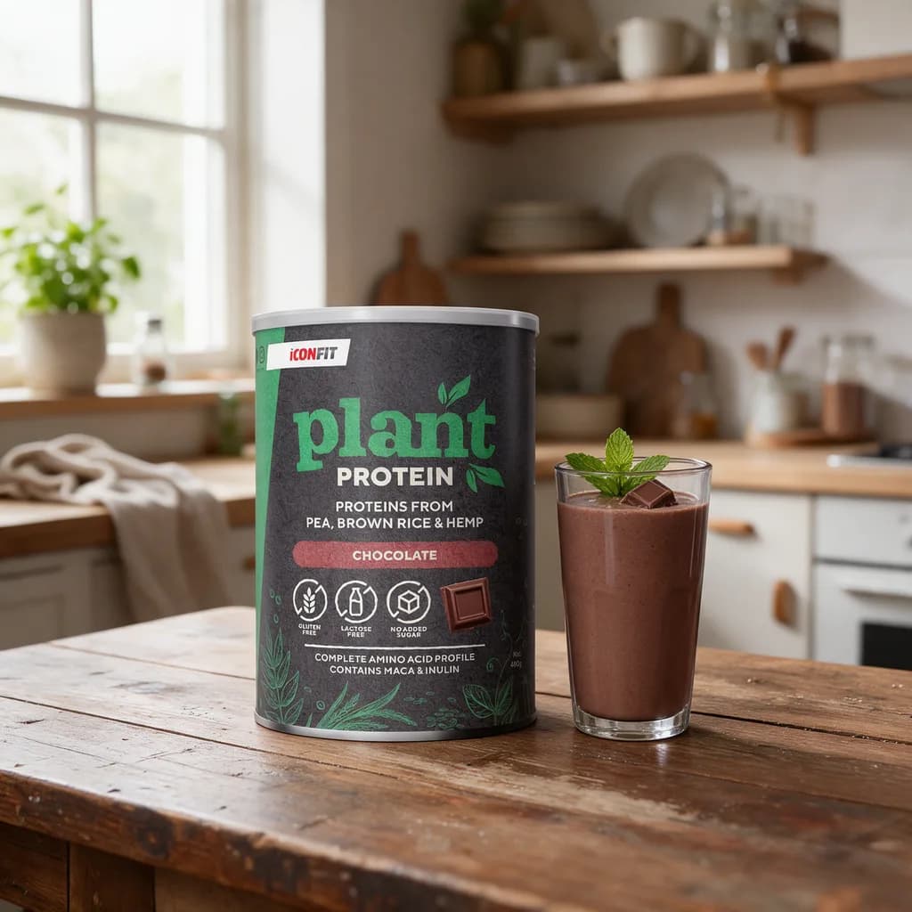 ICONFIT Plant Protein Chocolate -purkki puisella keittiön pöydällä smoothielasin vieressä