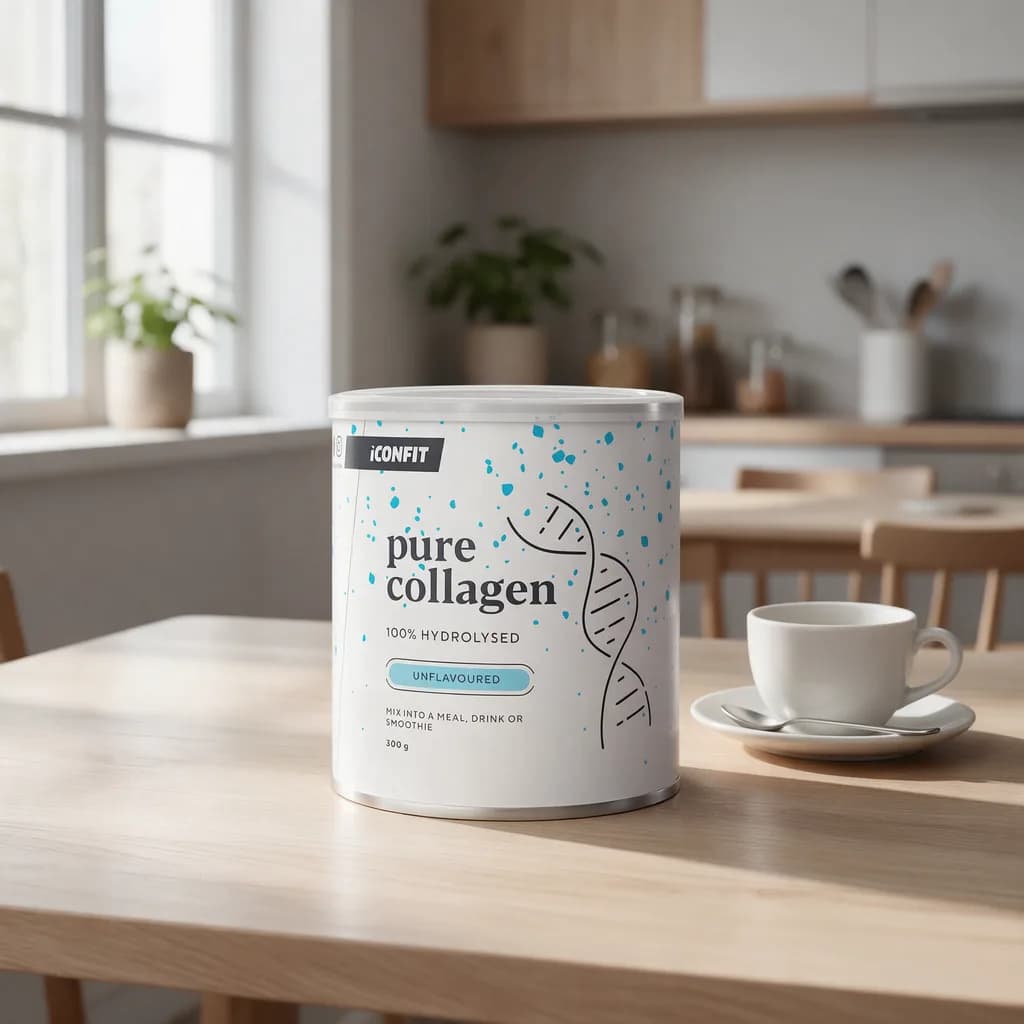 Valkoinen ICONFIT Pure Collagen -purkki sinisin pilkuin keittiön pöydällä kahvikupin vieressä