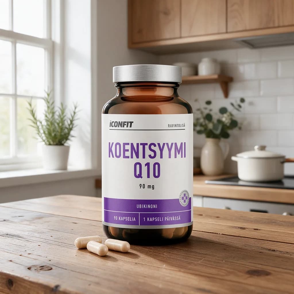 Ruskea ICONFIT Koentsyymi Q10 -lasipurkki hopeisella kannella puisella keittiön pöydällä, edessä vaaleita kasviperäisiä kapseleita