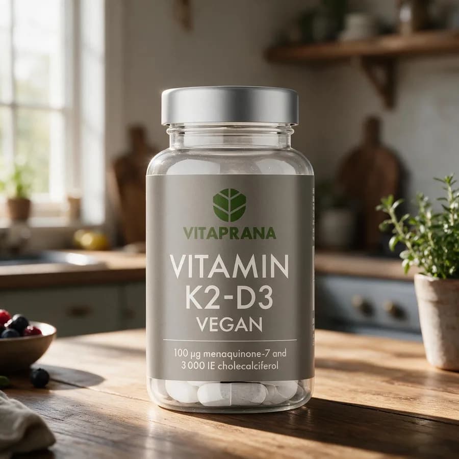 Vitaprana Vitamin K2-D3 Vegan -purkki puisella keittiön pöydällä