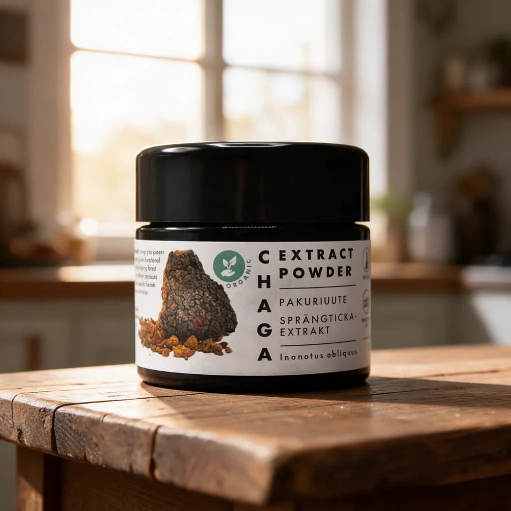 Musta Kääpä Chaga Extract Powder -purkki puisella keittiön pöydällä
