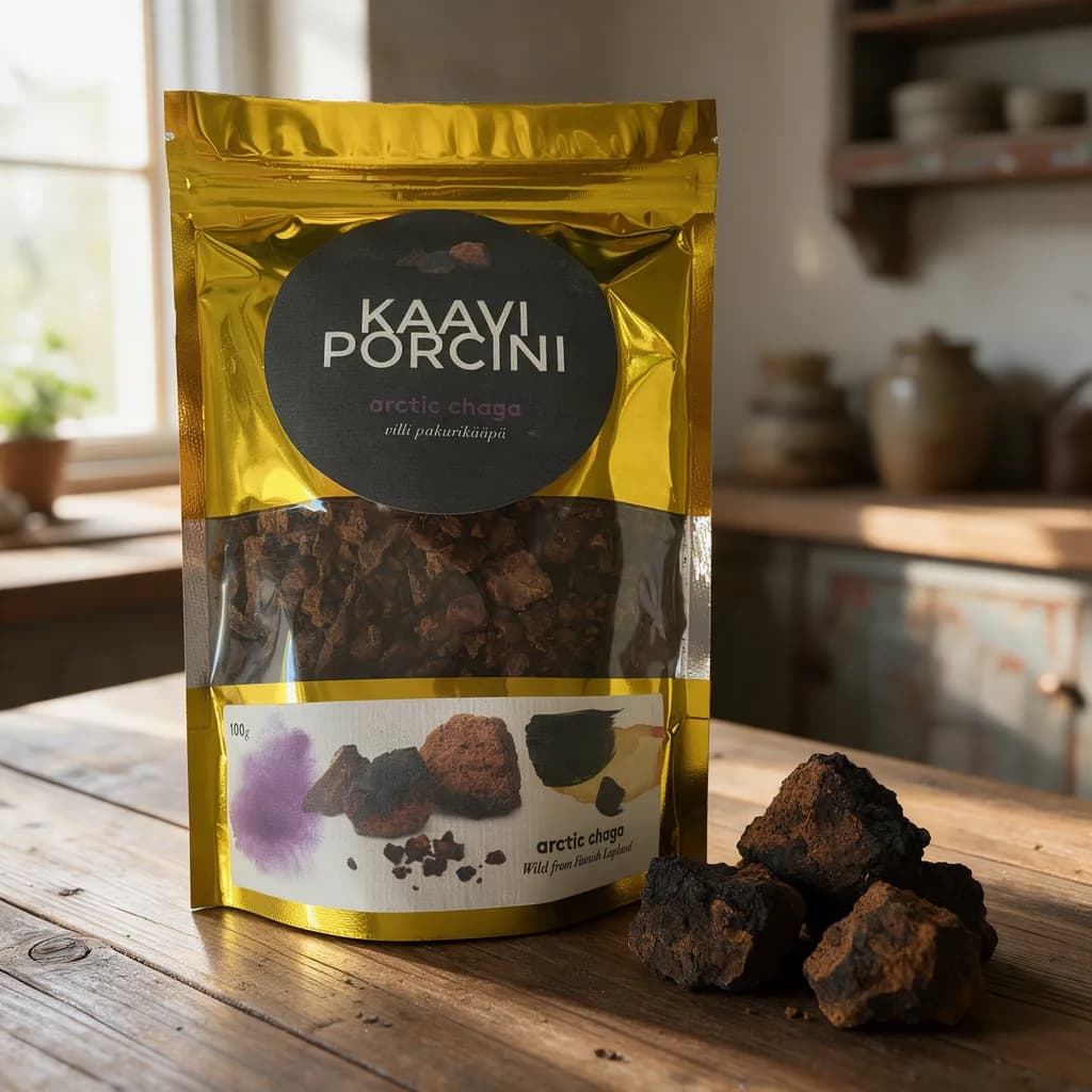 Kullanvärinen Kaavi Porcini arctic chaga -pussi pakurinpaloineen puisella keittiön pöydällä