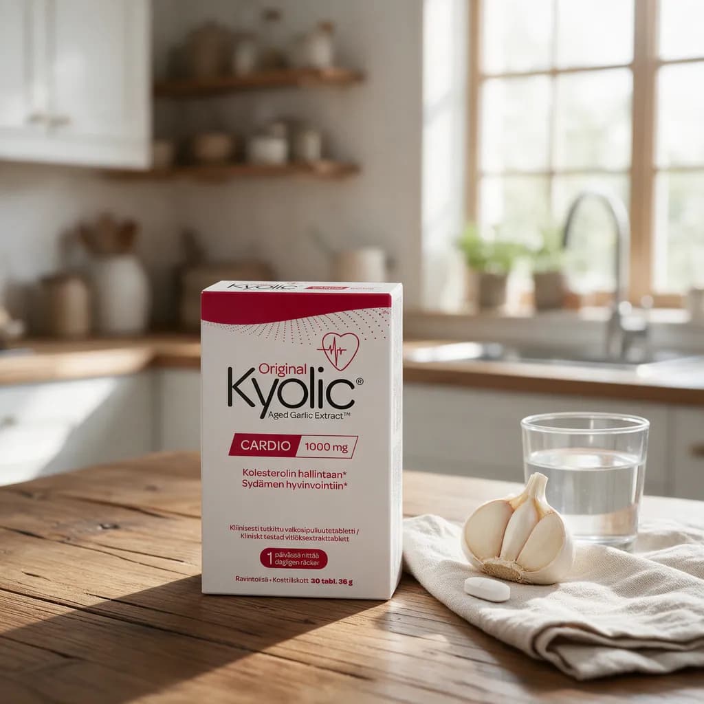 Kyolic Cardio -rasia puisella keittiön pöydällä vesilasin, puolitetun valkosipulin ja yhden tabletin vieressä