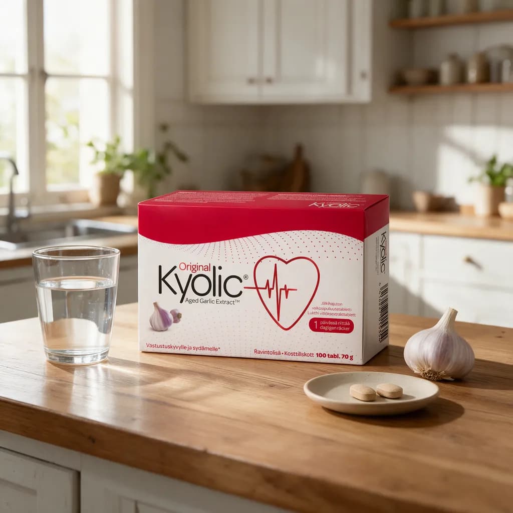 Kyolic Original -rasia puisella keittiön pöydällä vesilasin, valkosipulin ja kahden tabletin vieressä