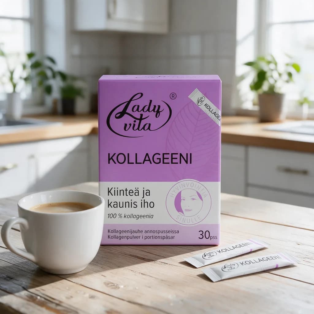 Violetti Ladyvita Kollageeni -rasia ja muutama annospussi keittiön pöydällä kahvikupin vieressä