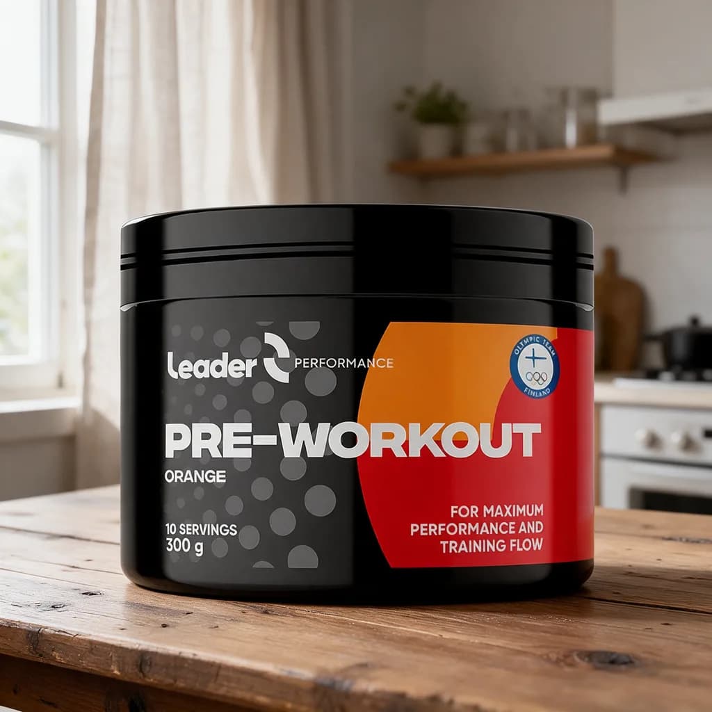 Musta Leader Performance Pre-Workout -purkki oranssinpunaisella etiketillä puisella keittiön pöydällä