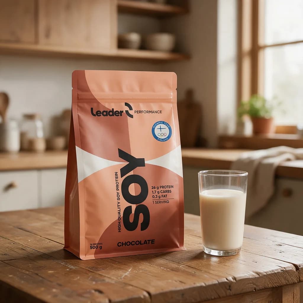 Leader Performance Soy Chocolate -pussi puisella keittiön pöydällä kaurajuomalasin vieressä