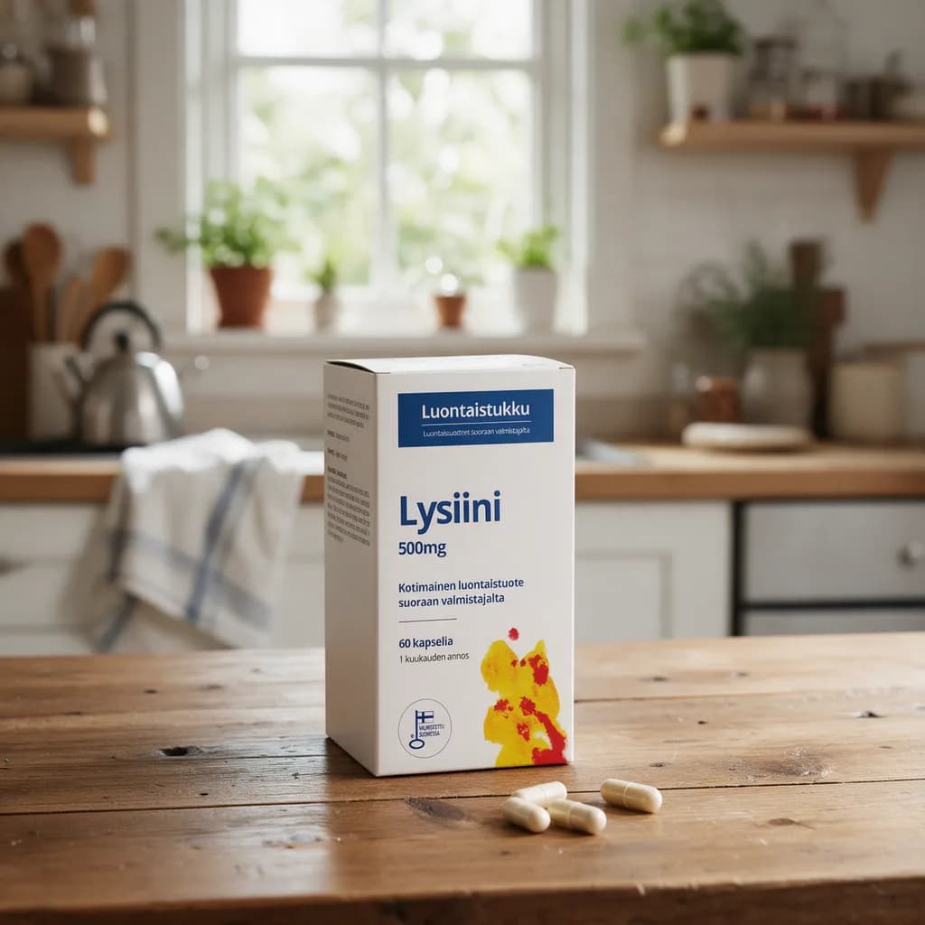 Valkoinen Luontaistukku Lysiini 500 mg -rasia sinisellä raidalla ja keltaisella kuvioinnilla puisella keittiön pöydällä, edessä muutama vaalea kasvikapseli