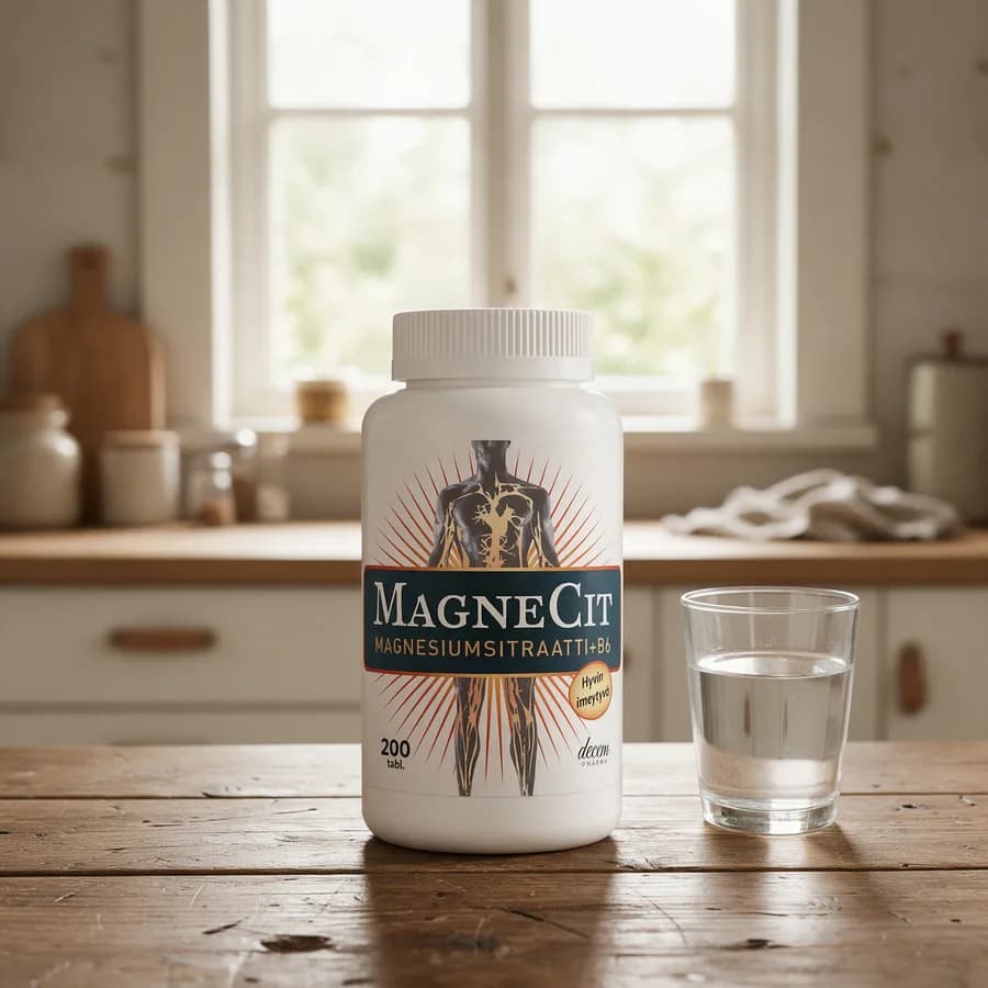 Valkoinen MagneCit Magnesiumsitraatti+B6 -purkki puisella keittiön pöydällä, vieressä lasi vettä