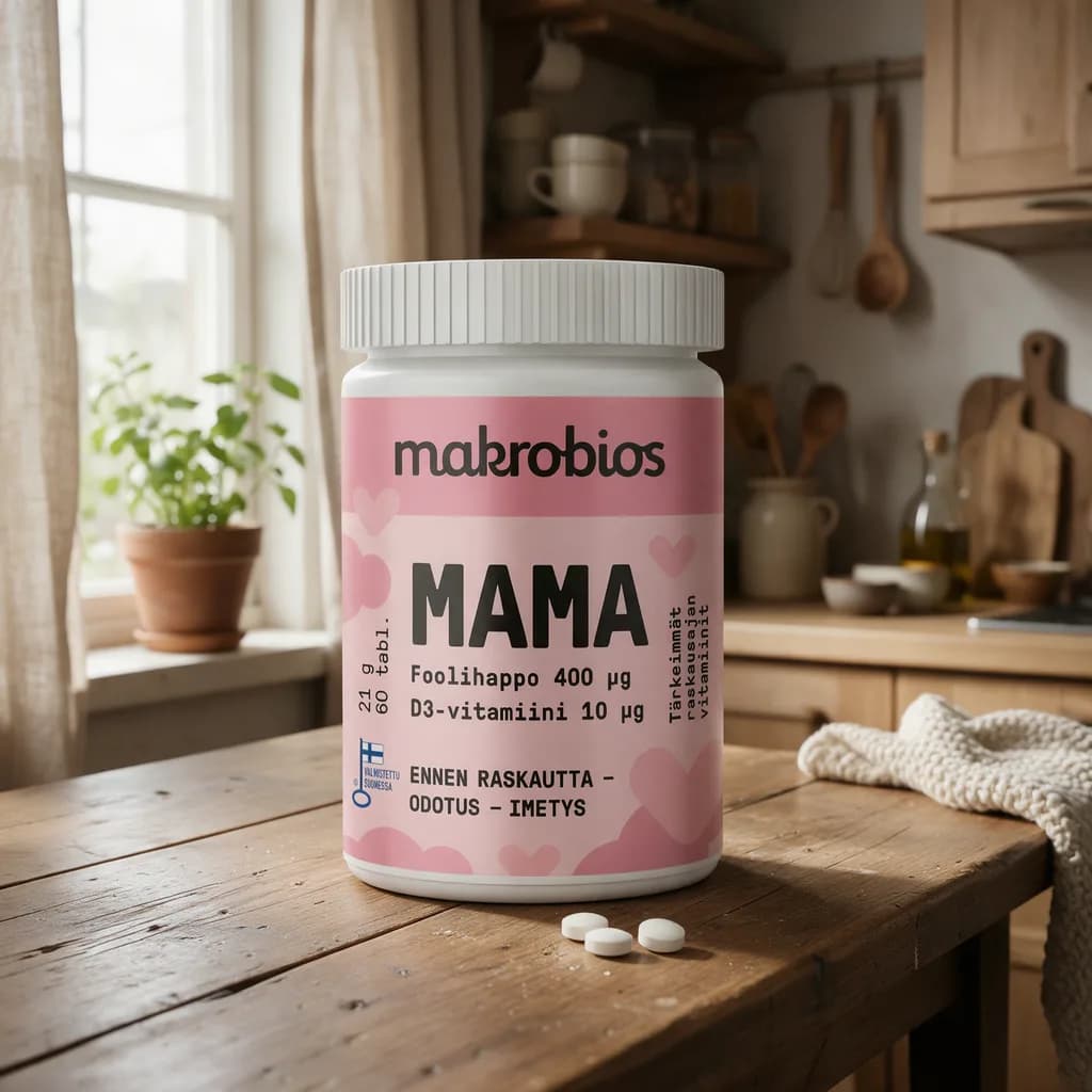 Vaaleanpunainen Makrobios Mama -purkki puisella keittiön pöydällä, edessä muutama tabletti