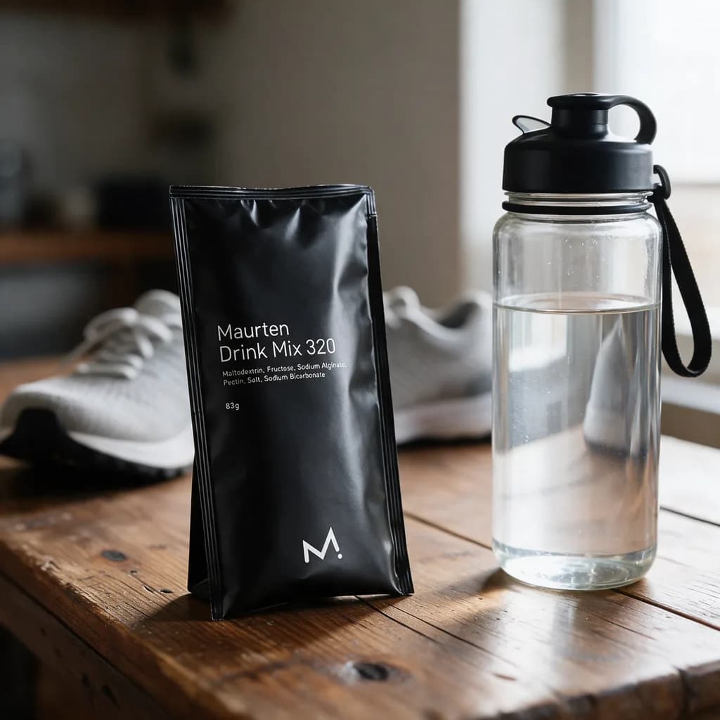 Musta Maurten Drink Mix 320 -pussi ja kirkas juomapullo puisella keittiön pöydällä