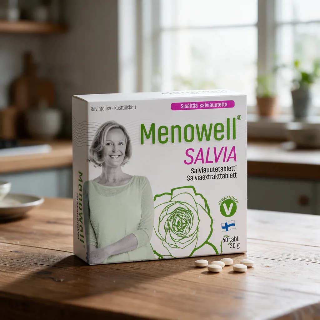 Valkoinen Menowell Salvia -rasia vihreällä ruusukuviolla puisella keittiön pöydällä, edessä muutama vaalea tabletti