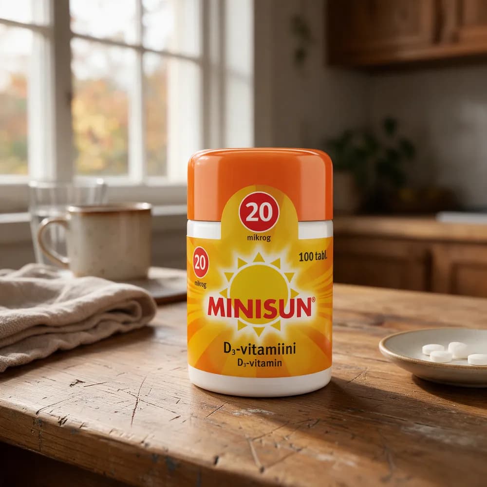 Minisun D-vitamiini -purkki ja pieniä purutabletteja lautasella keittiön puupöydällä