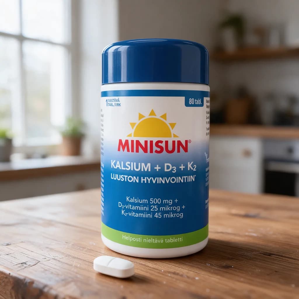 Minisun Kalsium + D3 + K2 -purkki sinisellä kannella, sinisellä etiketillä ja keltaisella auringolla puisella keittiön pöydällä, edessä yksi valkoinen tabletti