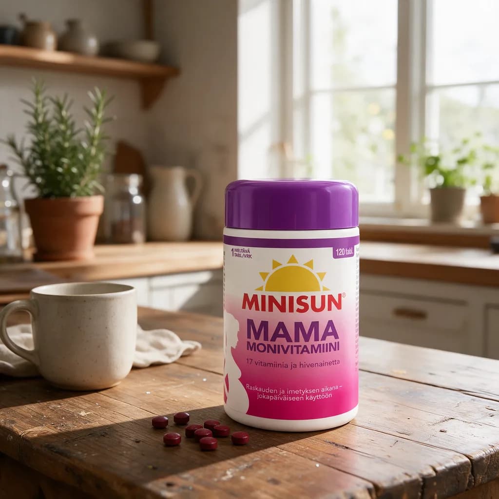 Vaaleanpunainen Minisun Mama -purkki violetilla kannella puisella keittiön pöydällä, edessä muutama tabletti
