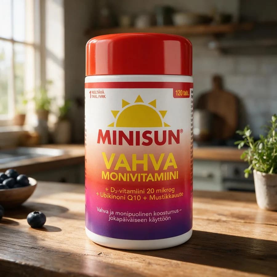Punainen Minisun Monivitamiini Vahva -purkki puisella keittiön pöydällä, edessä muutama tabletti