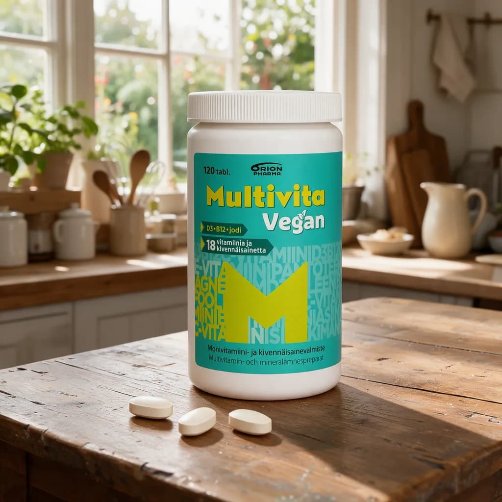Turkoosi Multivita Vegan -purkki puisella keittiön pöydällä, edessä muutama tabletti