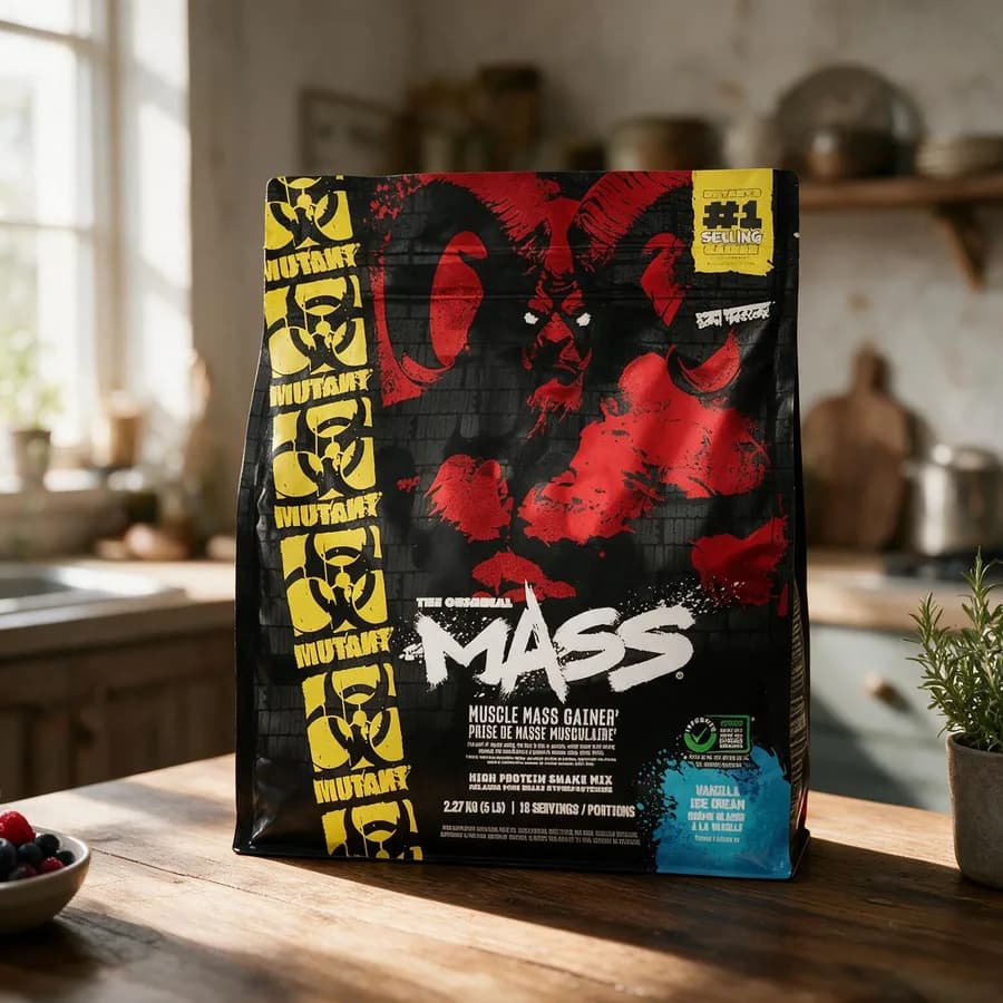 Mutant Mass -pussi puisella keittiön pöydällä, vieressä marjakulho ja huonekasvi