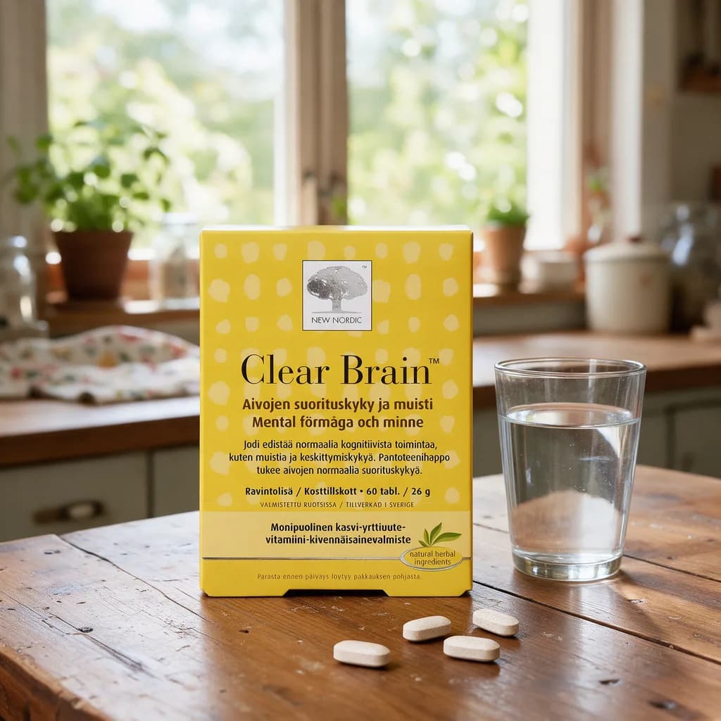 Keltainen New Nordic Clear Brain -pakkaus puisella keittiön pöydällä, edessä muutama tabletti ja lasi vettä
