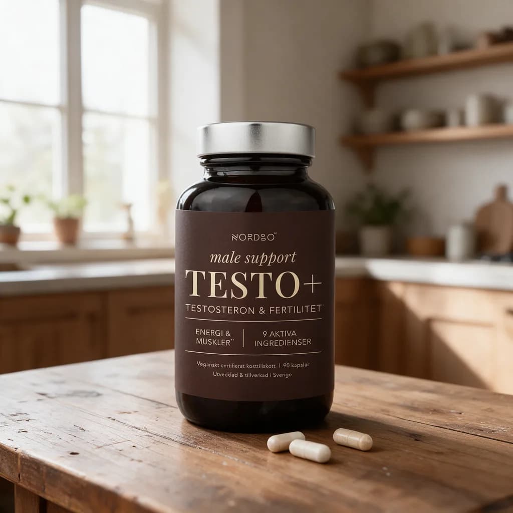 Ruskea Nordbo Testo+ -lasipurkki puisella keittiön pöydällä, edessä muutama kapseli