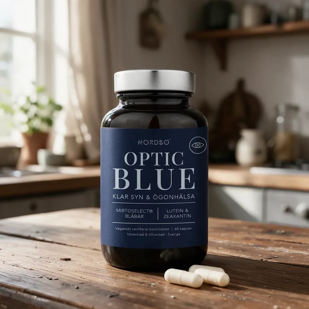 Tummansininen Nordbo Optic Blue -lasipurkki hopeisella kannella puisella keittiön pöydällä, edessä muutama kasvikapseli