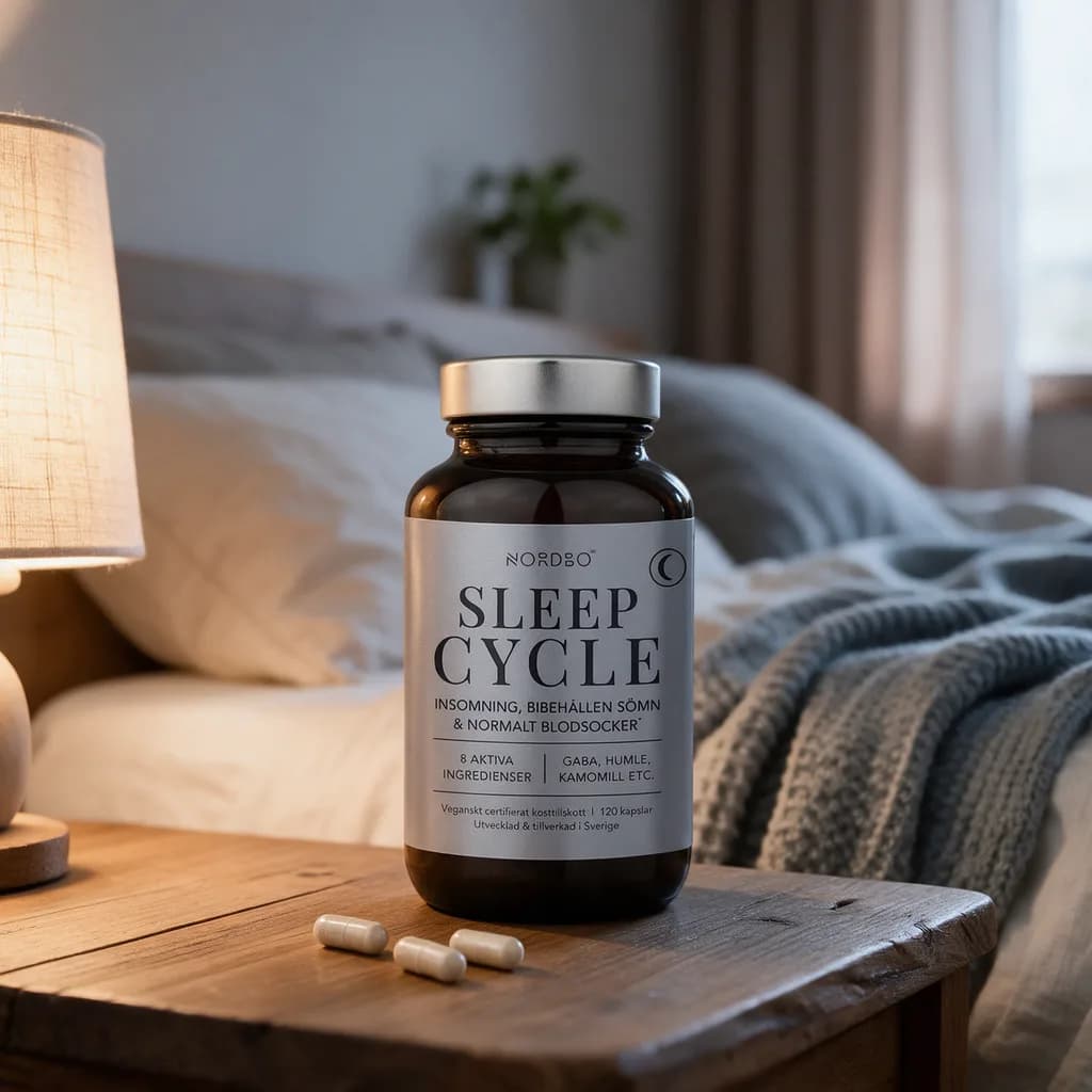 Tummanruskea Nordbo Sleep Cycle -lasipurkki hopeisella kannella ja harmaalla etiketillä puisella yöpöydällä, edessä muutama kasvikapseli