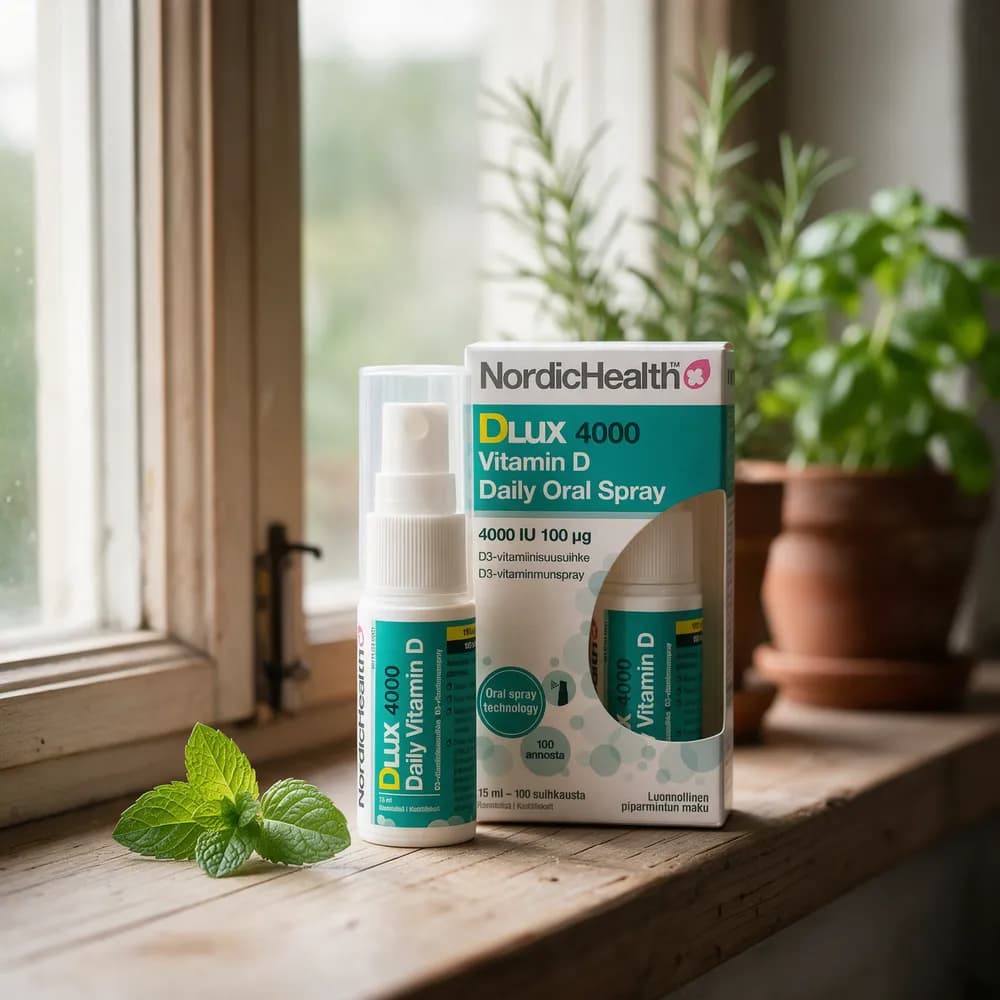 Nordic Health DLux 4000 -suihkepullo ja pakkaus keittiön ikkunalaudalla
