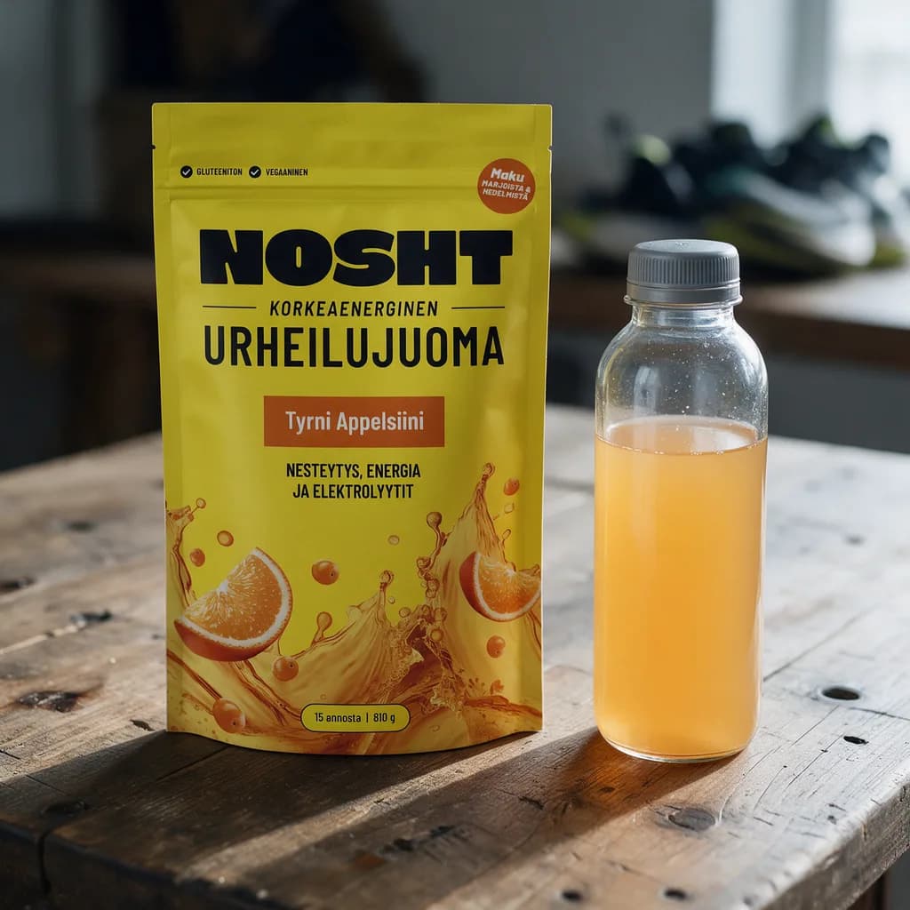 Keltainen Nosht Korkeaenerginen Urheilujuoma Tyrni Appelsiini -pussi ja juomapullo puisella keittiön pöydällä