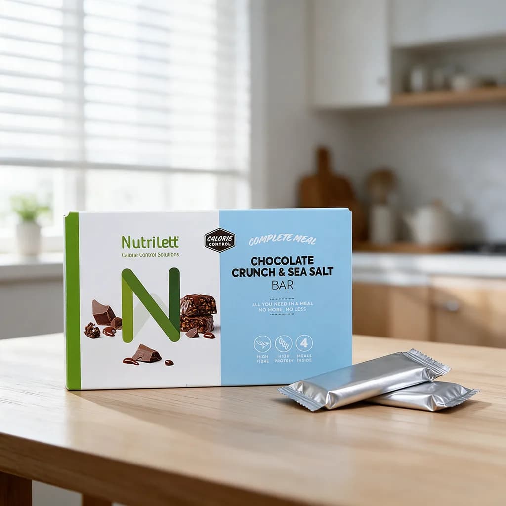 Nutrilett Chocolate Crunch & Sea Salt -patukoita pakkauksineen puisella pöydällä