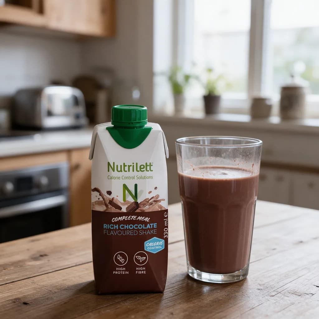 Nutrilett Smoothie Rich Chocolate -juomapakkaus ja lasi suklaajuomaa keittiön pöydällä