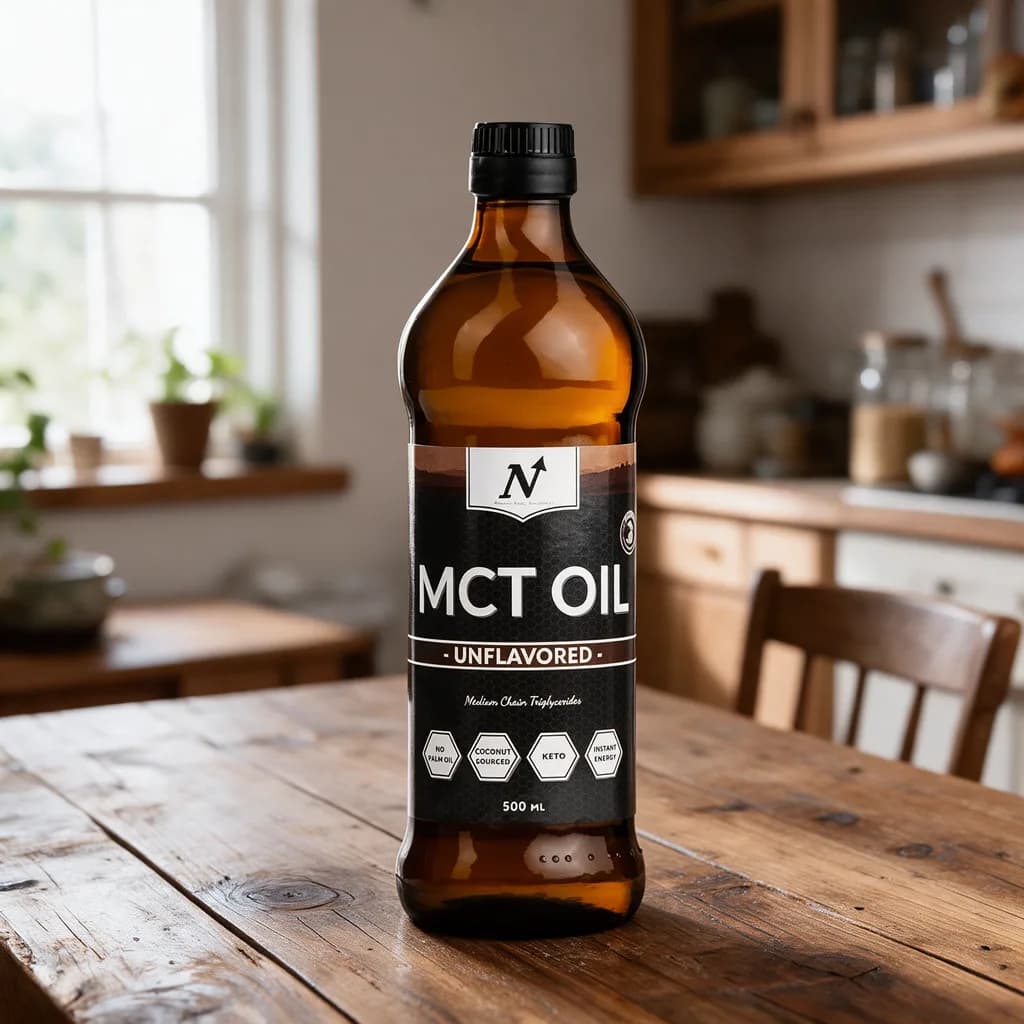 Ruskea Nyttoteket MCT Oil -pullo mustalla etiketillä ja mustalla korkilla puisella keittiön pöydällä