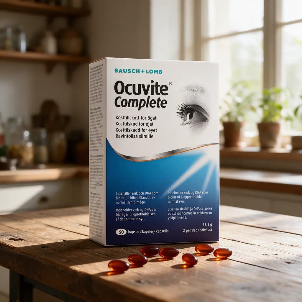 Sini-valkoinen Ocuvite Complete -pakkaus puisella keittiön pöydällä, edessä muutama punaruskea kalaöljykapseli