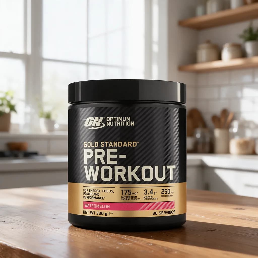 Musta Optimum Nutrition Gold Standard Pre-Workout -purkki kultaisella etiketillä puisella keittiön pöydällä