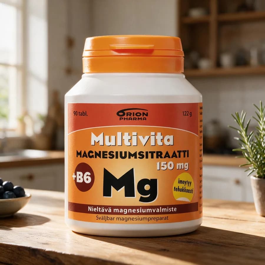 Oranssikantinen Multivita Magnesiumsitraatti+B6 -purkki puisella keittiön pöydällä