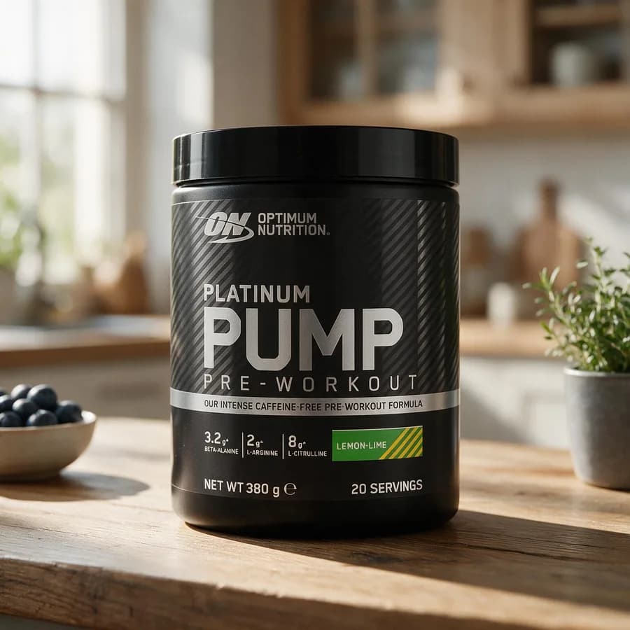 Musta Optimum Nutrition Platinum PUMP -purkki vihreällä Lemon-Lime-merkinnällä puisella keittiön pöydällä