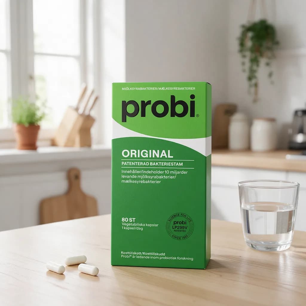 Vihreä Probi Original -rasia puisella keittiön pöydällä, edessä muutama valkoinen kapseli
