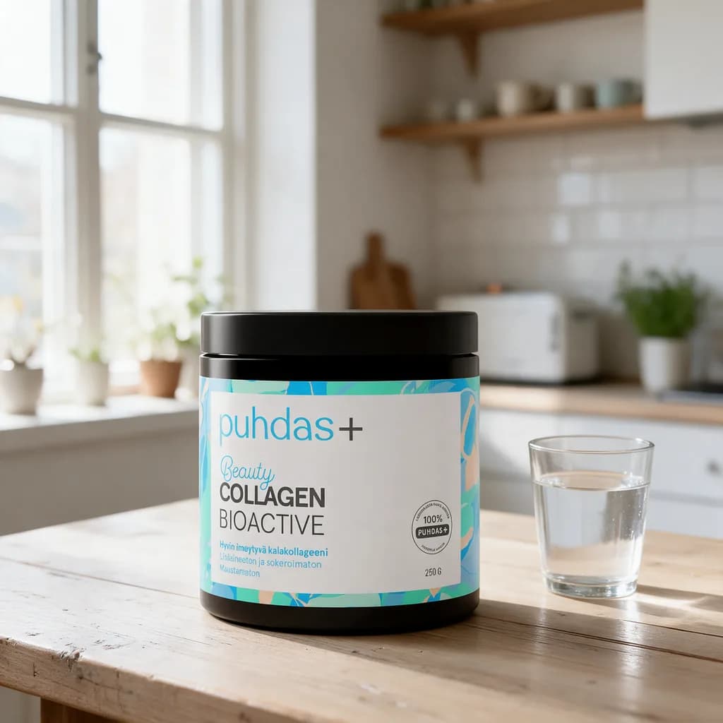 Musta Puhdas+ Beauty Collagen Bioactive -purkki turkoosilla etiketillä keittiön pöydällä vesilasin vieressä