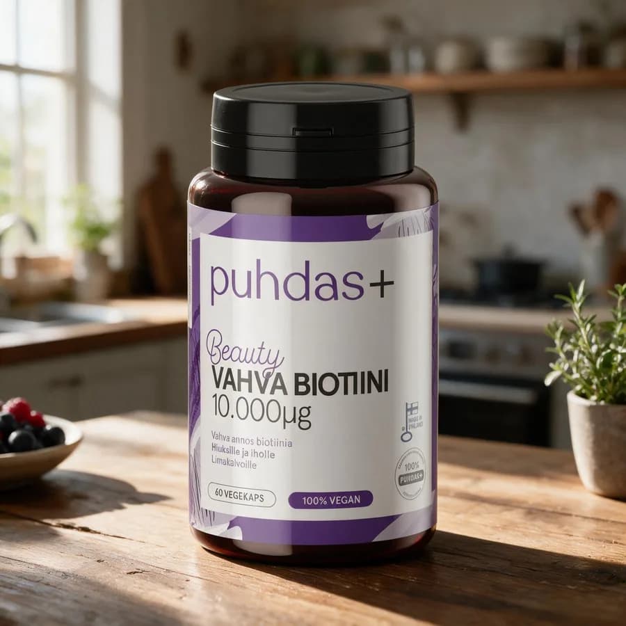 Tummanruskea Puhdas+ Beauty Vahva Biotiini -purkki mustalla kannella ja violetilla etiketillä puisella keittiön pöydällä