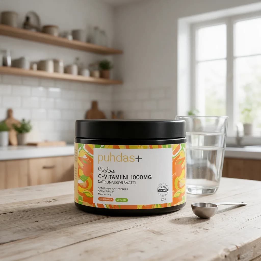 Musta Puhdas+ C-vitamiinijauhe -purkki oranssikeltaisella etiketillä puisella keittiön pöydällä, vieressä lasi vettä ja mittalusikka