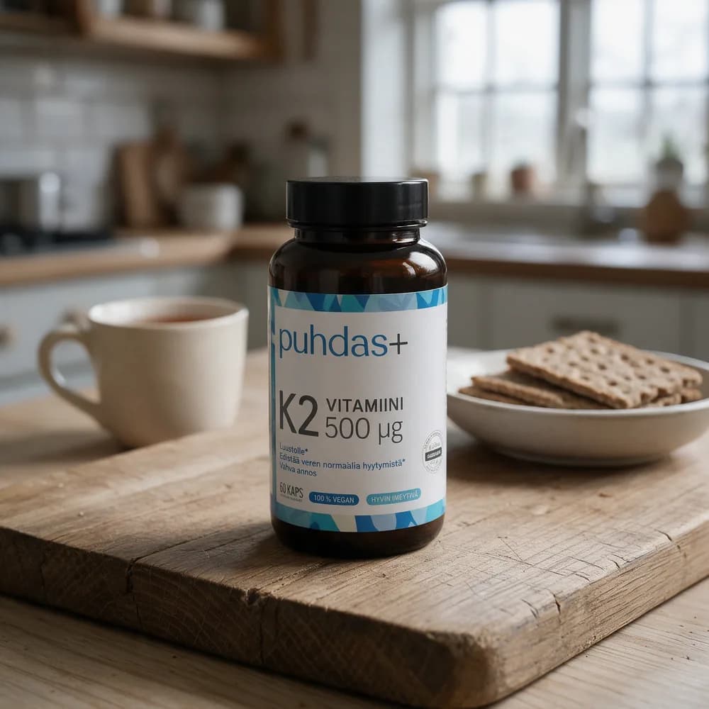 Puhdas+ K2-vitamiini 500 µg -purkki keittiön puisella työtasolla