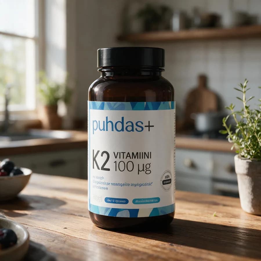 Puhdas+ K2-vitamiini 100 µg -purkki puisella keittiön pöydällä