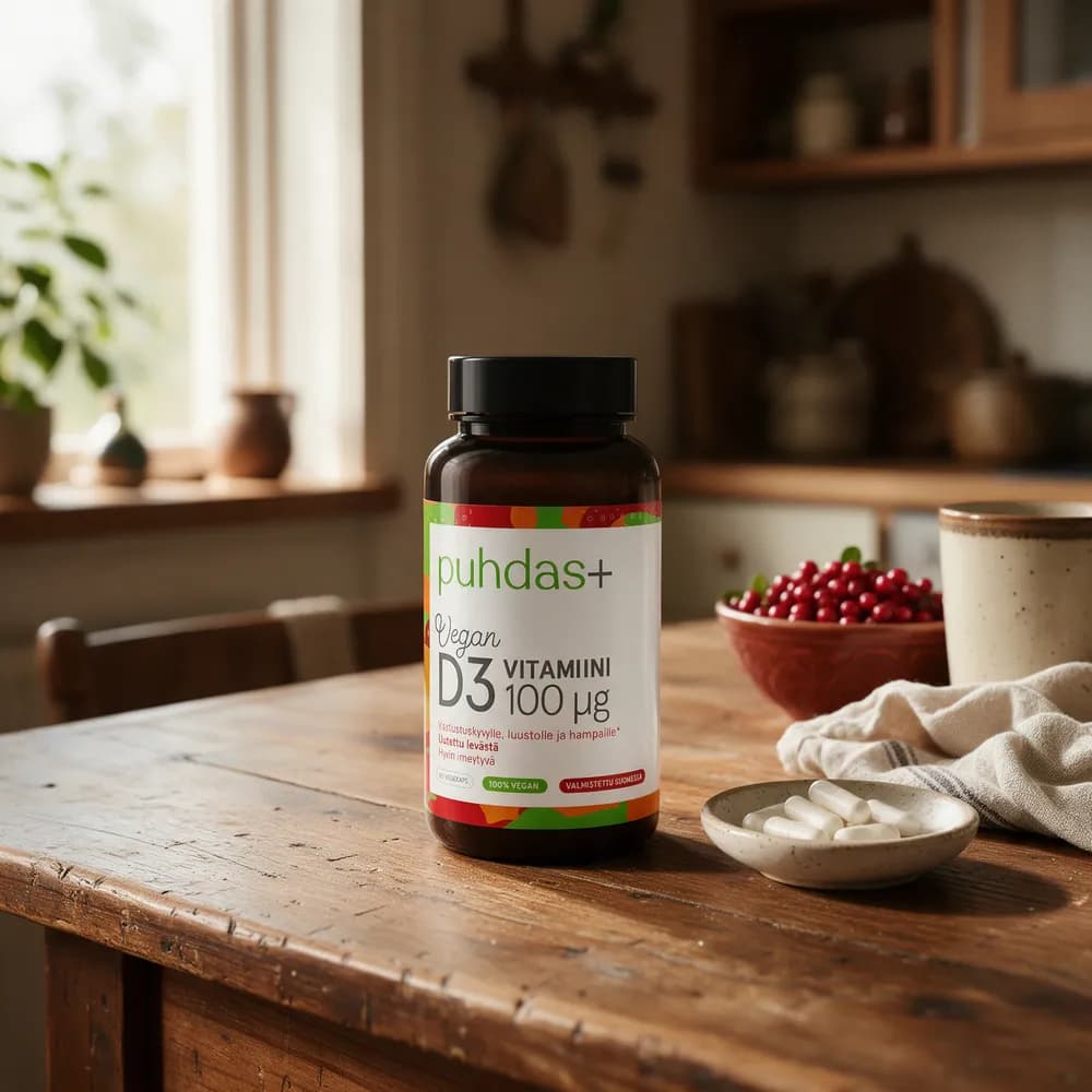 Puhdas+ Vegan D3-vitamiini -purkki ja kasvikapseleita keittiön puupöydällä